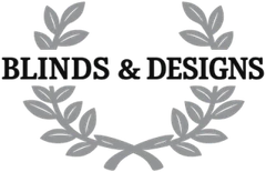 Blinds & Designs logo, the name between two laurel branches