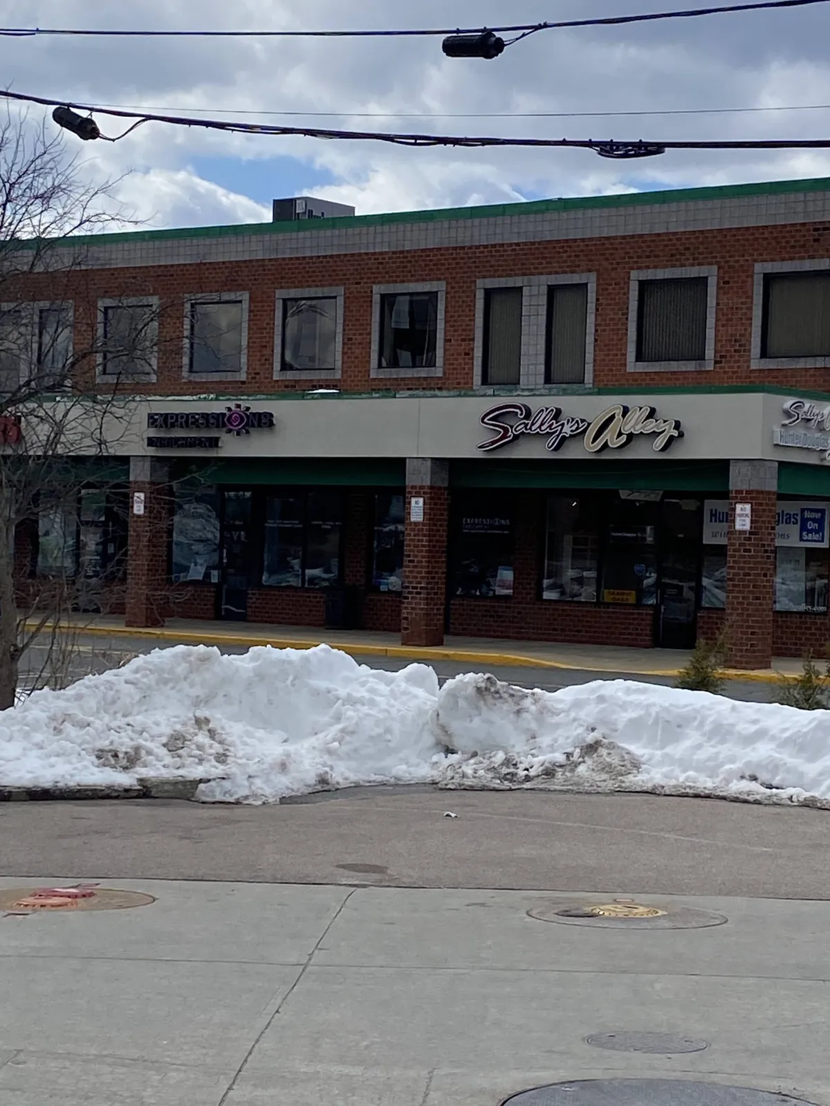Brick storefront with the Sally's Alley sign and a Hunter Douglas window treatments sign in the corner window, snow banked along the curb