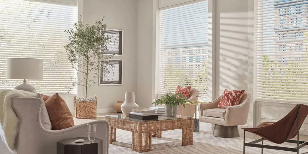 White horizontal blinds on tall windows in a sunlit living room with armchairs, a rattan coffee table and an olive tree