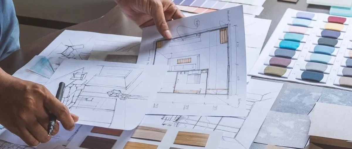 Hands sorting interior design sketches and floor plans over colour and wood finish swatches