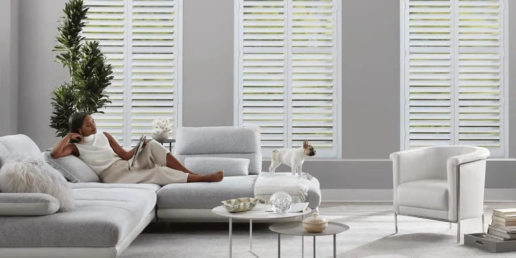 White plantation shutters on three tall windows behind a light grey sectional, with a woman reclining and a small white dog