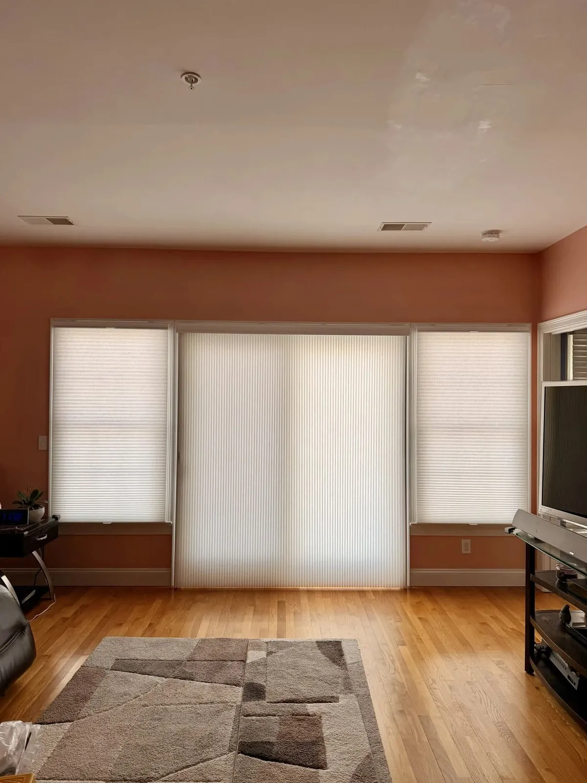 White honeycomb shades on two side windows and a vertical honeycomb shade across a sliding door in a coral-walled living room